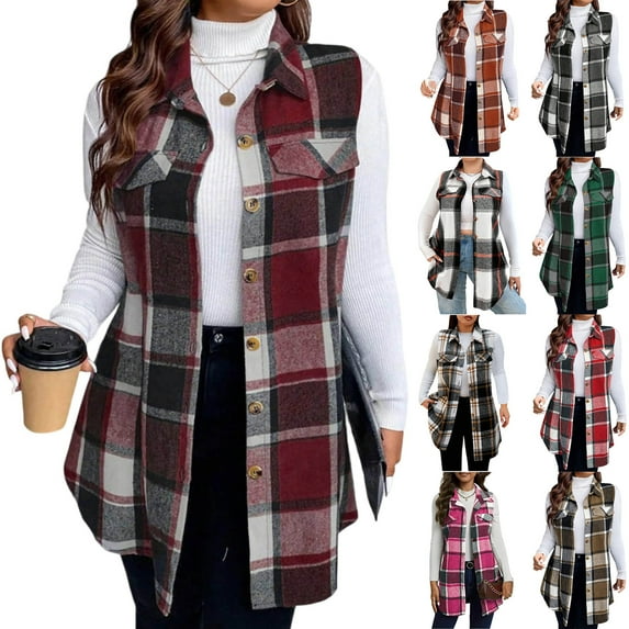 Womens Flannel Plaid Vest Tops Trendy Long Sleeveless Button Down Shirts Jackets Casual Fall Checkered Shacket Coat Purple XL
