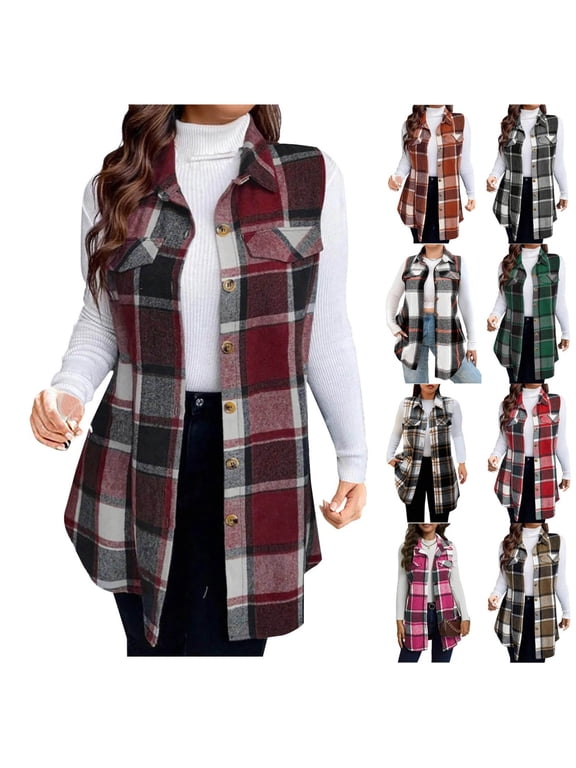Womens Flannel Plaid Vest Tops Trendy Long Sleeveless Button Down Shirts Jackets Casual Fall Checkered Shacket Coat