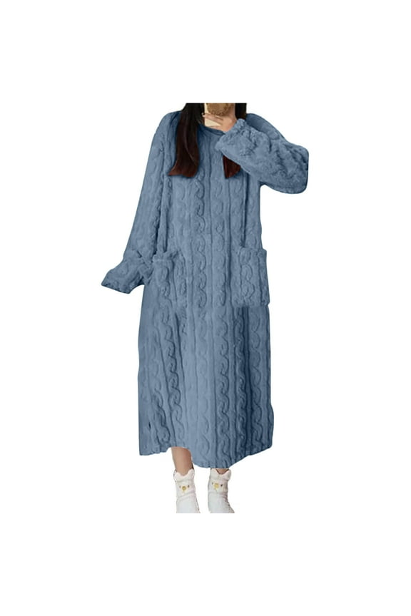 Womens Flannel Pullover Robe, Soft Warm Robes for Women Cozy Long Sleeve Loungewear Nightgown with Pockets