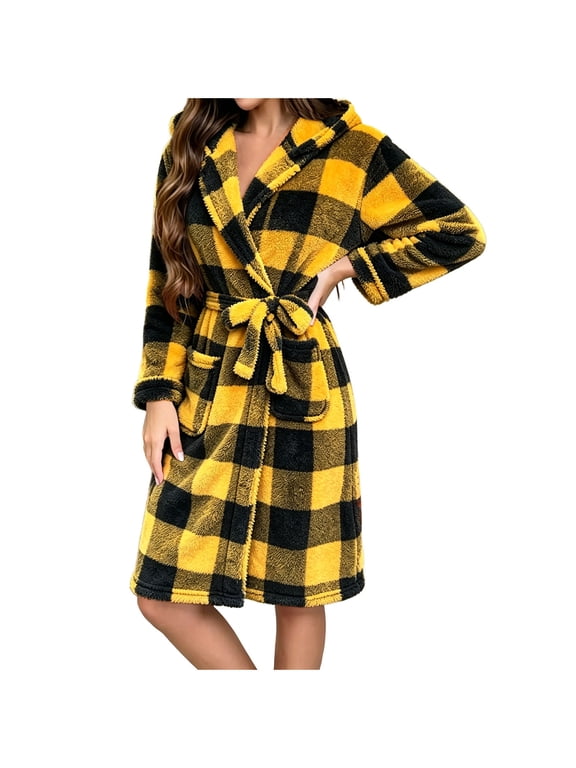 Womens Flannel Robe, Soft Fleece Plaid Bathrobe for Women Travel Casual Winter Warm Long Sleeve Knee Length Bath Robe with Tie Belt for Bathroom Spa Sleepwear, M