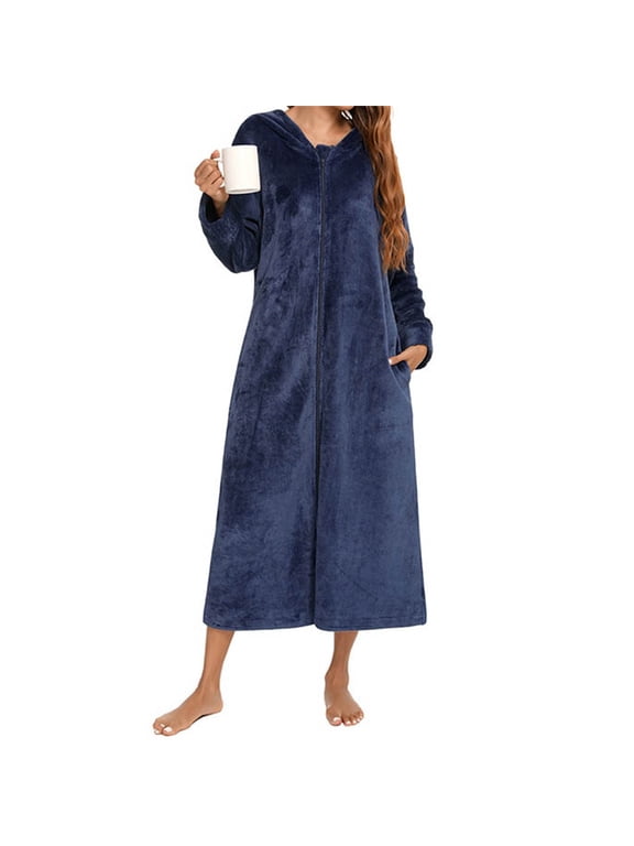 Womens Flannel Robe Zipper Front Full Length Bathrobe Winter Warm Housecoat Sleepwear for Cold Weather ZDNIXIAN Women Kimono Robes Full Length Knit Bathrobe