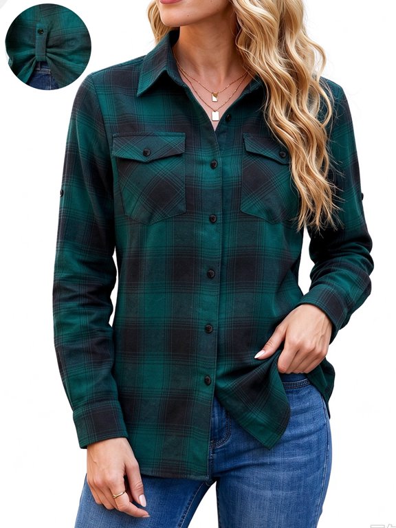 Womens Flannel Shirt Casual Long Sleeve Checkered Blouse with Roll Up Tab Sleeves & Chest Pockets