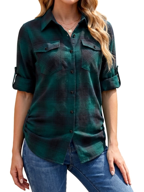 Womens Flannel Shirt Casual Long Sleeve Checkered Blouse with Roll Up Tab Sleeves & Chest Pockets