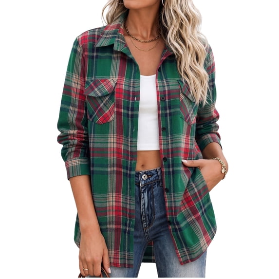 Womens Flannel Shirts Long Sleeve Button Down Casual Fall Plaid Top, 2XL