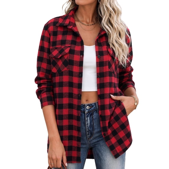 Womens Flannel Shirts Long Sleeve Button Down Casual Fall Plaid Top, 2XL
