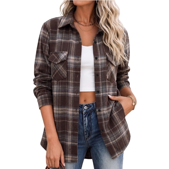Womens Flannel Shirts Long Sleeve Button Down Casual Fall Plaid Top, S