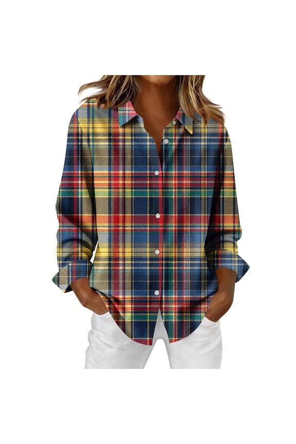 Womens Flannel Shirts Long Sleeve Button Down Lapel Tops Colorful Plaid Spring Fall Casual Loose Fit Women Shirts