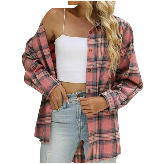 Womens Flannel Shirts Long Sleeve - Plaid Jackets for Women Flannel Long Sleeve Lapel Collar Button Up Plaid Shirt with Pockets