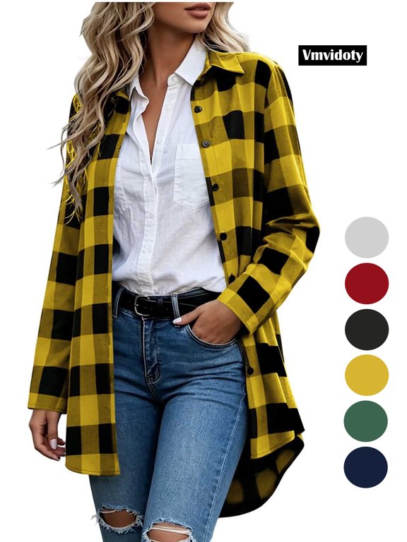 Womens Flannel Shirts Plaid Shacket Long Sleeve Button Down Collared Jacket Coats Yellow 2XL