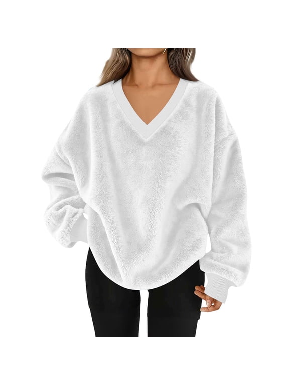 Womens Flannel Sweatshirts Fuzzy Fleece Oversized Pullover Long Sleeve V Neck Sherpa Fluffy Sweatshirt Soft Warm Outerwear