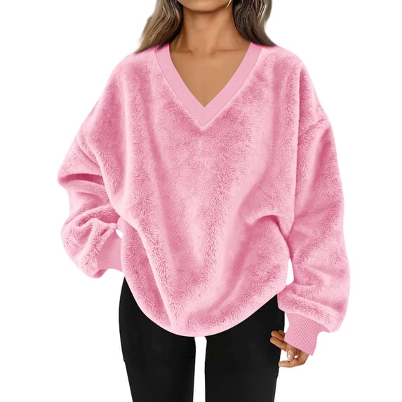 Womens Flannel Sweatshirts Fuzzy Fleece Oversized Pullover Long Sleeve V Neck Sherpa Fluffy Sweatshirt Soft Warm Outerwear