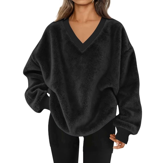 Womens Flannel Sweatshirts Fuzzy Fleece Oversized Pullover Long Sleeve V Neck Sherpa Fluffy Sweatshirt Soft Warm Outerwear