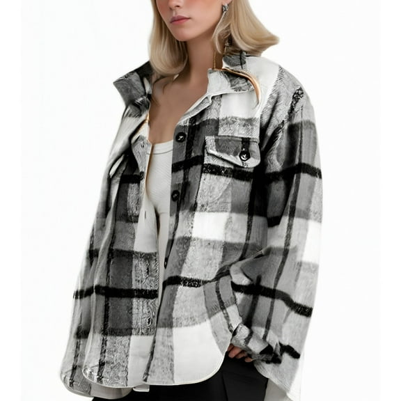 Womens Flannel Tops Blouses Oversized Pocket Checkered Long Sleeve Womens Warm Clothes,Grey,L