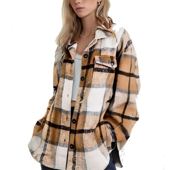 Womens Flannel Tops Oversized Pocket Checkered Long Sleeve Ladies Clothing,Khaki,m
