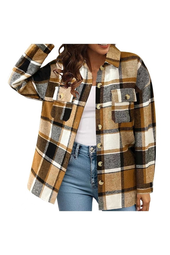 Womens Flannel Tops Plaid Oversized Pockets Long Sleeve Color Blocked Womens Shirts,Coffee,XL