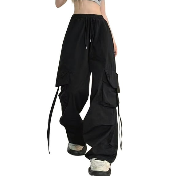 Womens Flap Pocket Straps Baggy Cargo Pant Vintage Solid Wide Leg Loose Trousers