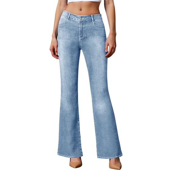 Womens Flare Jeans Casual Trendy High Waist Bell Bottom Denim Pants Teen Girls Fashion Boot Cut Slim Fitting Long Trousers Low Rise Flare Jeans Light Blue S