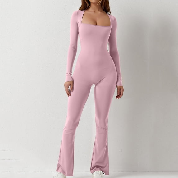 Womens Flare Jumpsuit Tummy Control Romper Workout Outfit Long Sleeve One Piece Yoga Workout Bodysuit L