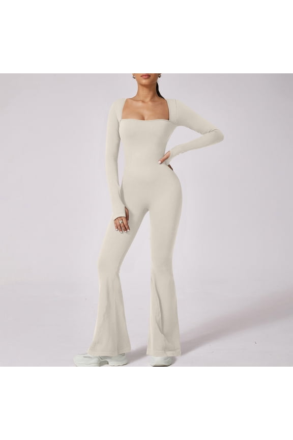 Womens Flare Jumpsuit Tummy Control Romper Workout Outfit Long Sleeve One Piece Yoga Workout Bodysuit Rompers XL