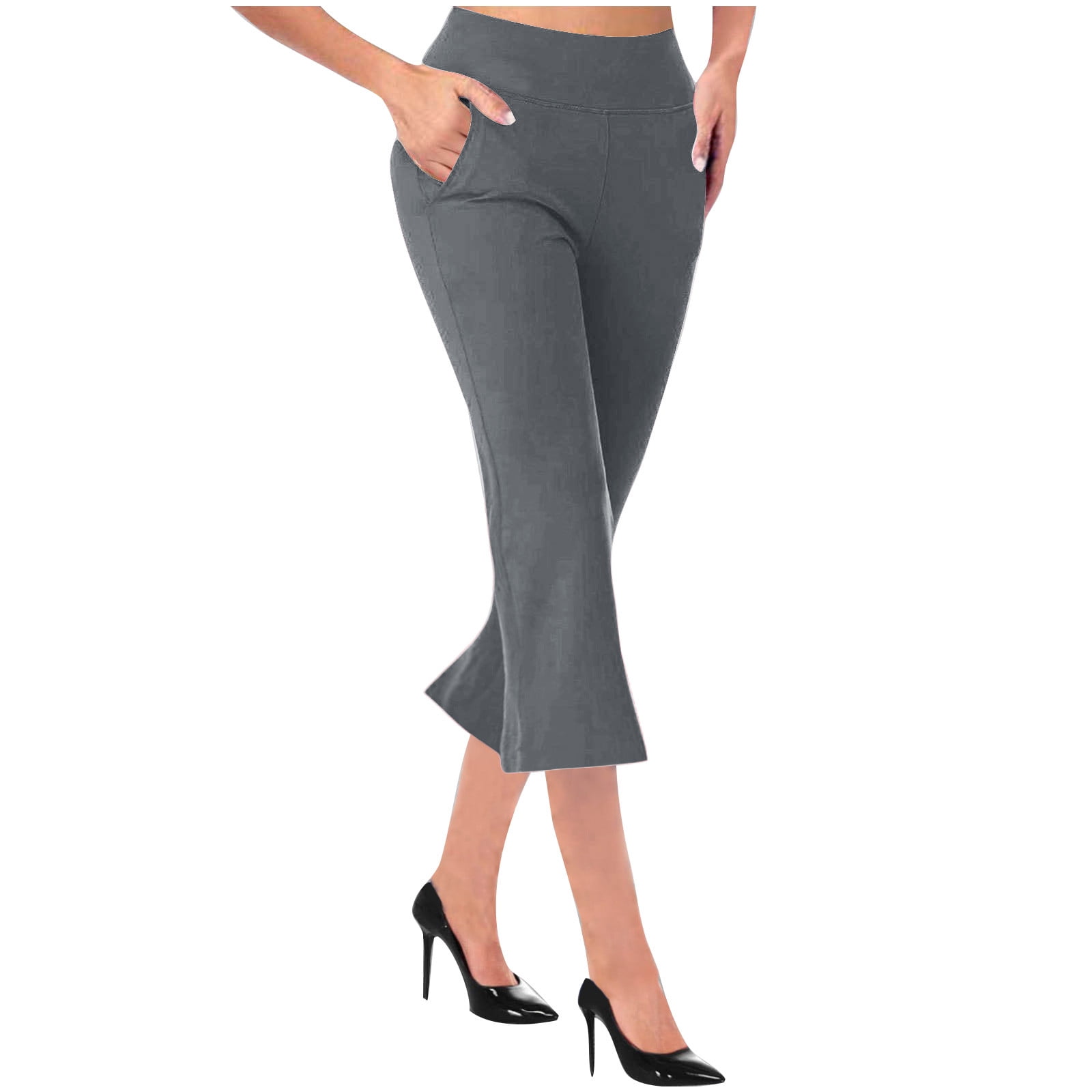 Womens Flare Leg Capri Work Pants Business Casual High Waisted Pull On Pants Capris Cropped Pants with Pockets Walmart