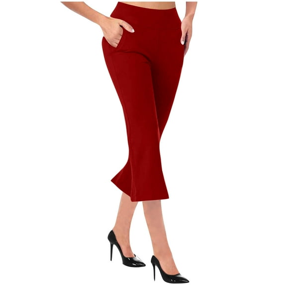 Womens Flare Leg Capri Work Pants Business Casual High Waisted Pull On Pants Capris Cropped Pants with Pockets