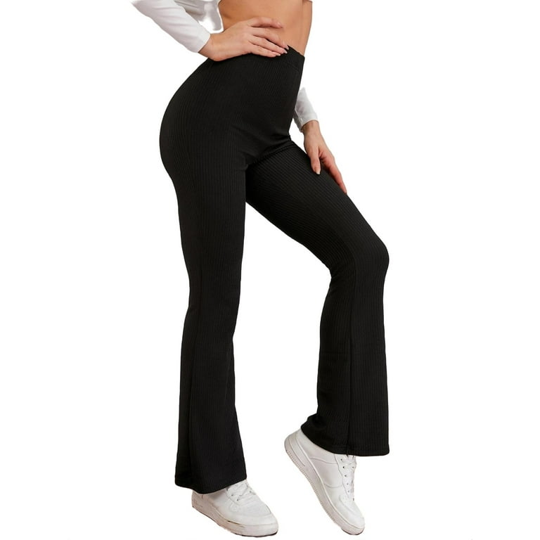 Womens Flare Leg Pants Casual Rib-Knit High Waist Black M