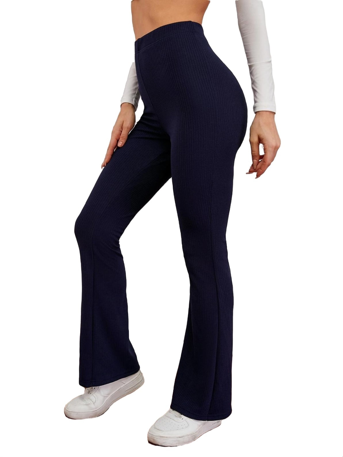  XIALON Women's Dress Solid Rib Knit Flare Leg Pants (Color :  Navy Blue, Size : Large) : Clothing, Shoes & Jewelry