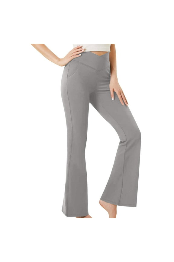 Womens Flare Leggings Cross High Waisted Yoga Dance Pants Stretch Athletic Bell Bottom Pants with Pockets