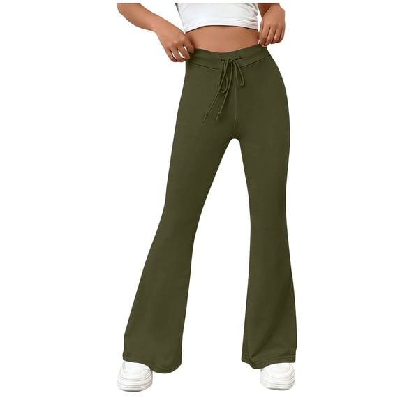 ZQUUVOU Womens Flare Leggings Drawstring Casual Color Slim Hips Loose Yoga Pants Wide Leg Sports Pants Green