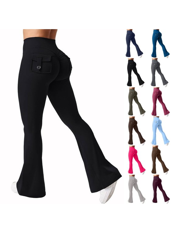 Womens Flare Leggings High Waisted Cargo Yoga Workout Leggings Scrunch Butt Lifting Legging Tummy Control Bootcut Pants Black M