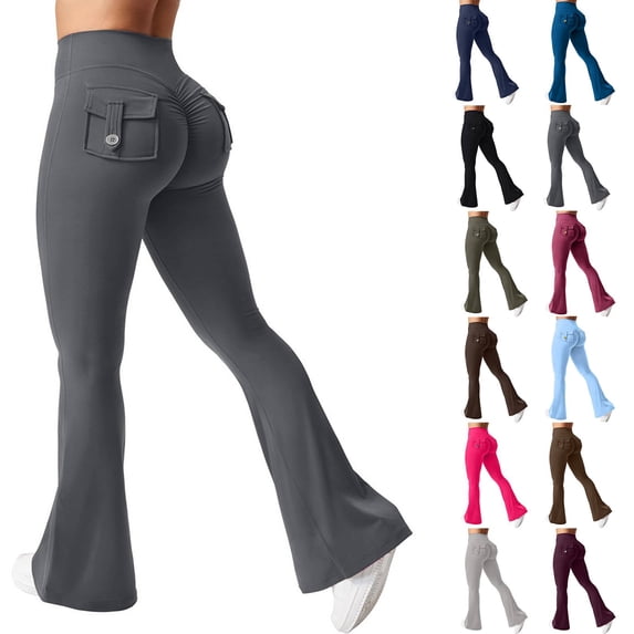 Womens Flare Leggings High Waisted Cargo Yoga Workout Leggings Scrunch Butt Lifting Legging Tummy Control Bootcut Pants Dark Gray 2XL