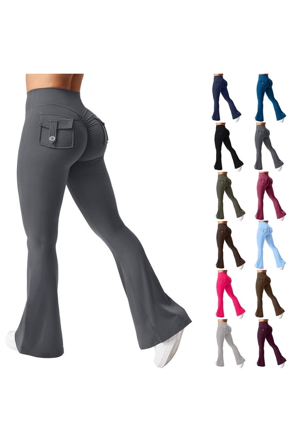 Womens Flare Leggings High Waisted Cargo Yoga Workout Leggings Scrunch Butt Lifting Legging Tummy Control Bootcut Pants Dark Gray S