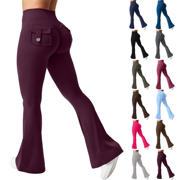 Womens Flare Leggings High Waisted Cargo Yoga Workout Leggings Scrunch Butt Lifting Legging Tummy Control Bootcut Pants Wine 2XL