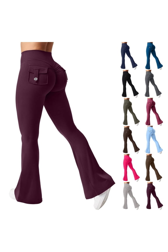 Womens Flare Leggings High Waisted Cargo Yoga Workout Leggings Scrunch Butt Lifting Legging Tummy Control Bootcut Pants Wine S