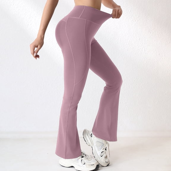 Womens Flare Leggings No Front Seam Flare Yoga Pants with Tummy Control Crossover High Waist Pink S