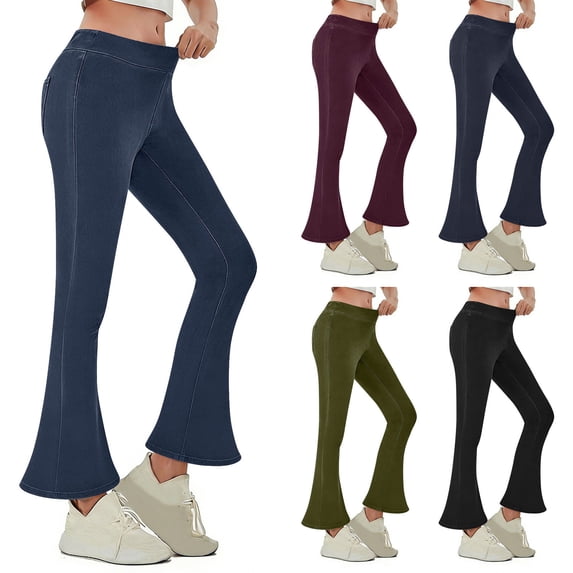 Womens Flare Leggings, Stretch Elastic High Waist Bootcut Yoga Pants with Back Pocket, Blue, XXL