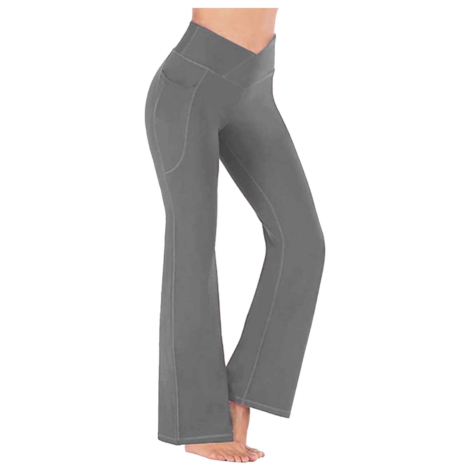 Womens Flare Yoga Pants Solid Casual Crossover Elastic Waist Pants with  Side Pockets Comfy Sport Gym Leggings(XL,Gray) 