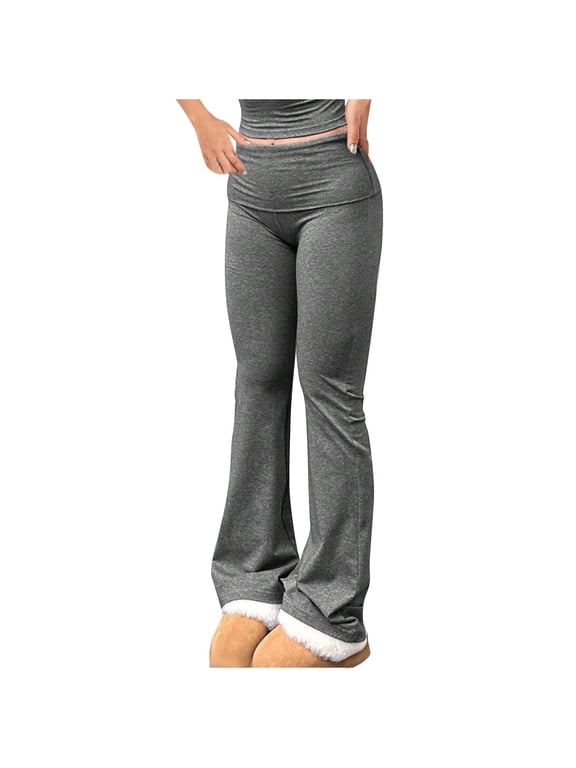 Womens Flared Leggings Casual Stretch High Waist Fold Over Athletic Yoga Dance Pants Lounge Workout Activewear
