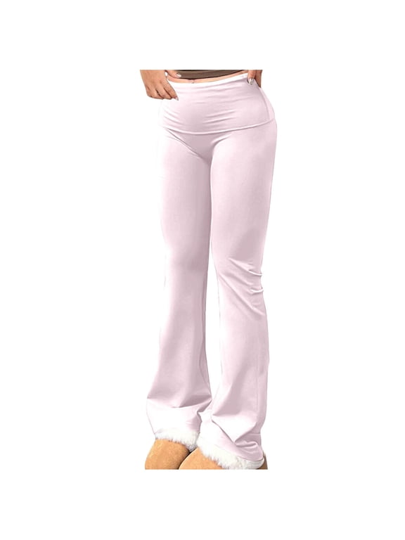 Womens Flared Leggings Casual Stretch High Waist Fold Over Athletic Yoga Dance Pants Lounge Workout Activewear