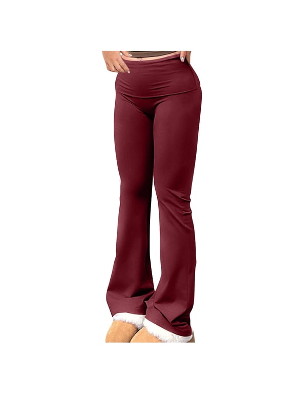 Womens Flared Leggings Casual Stretch High Waist Fold Over Athletic Yoga Dance Pants Lounge Workout Activewear
