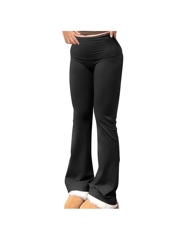 Womens Flared Leggings Casual Stretch High Waist Fold Over Athletic Yoga Dance Pants Lounge Workout Activewear