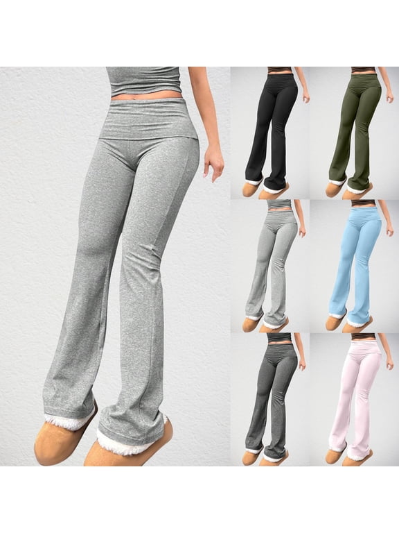 Womens Flared Leggings Casual Stretch High Waist Fold Over Athletic Yoga Dance Pants Lounge Workout Activewear