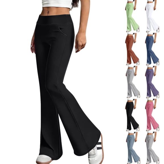 Womens Flared Yoga Pants with Pockets, No Front Seam High Waisted Flare Leggings Bell Bottom Bootcut Yoga Dress Pants Black 2XL