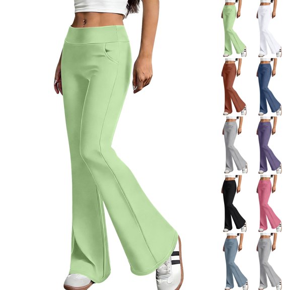 Womens Flared Yoga Pants with Pockets, No Front Seam High Waisted Flare Leggings Bell Bottom Bootcut Yoga Dress Pants Green 2XL