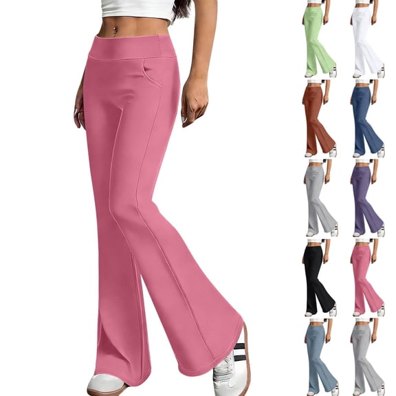 Womens Flared Yoga Pants with Pockets, No Front Seam High Waisted Flare Leggings Bell Bottom Bootcut Yoga Dress Pants Pink 2XL