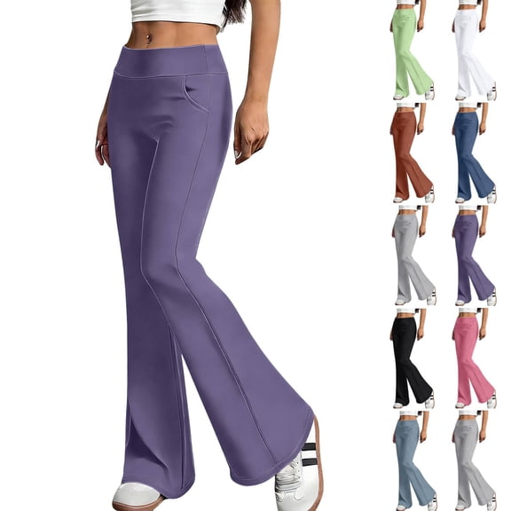 Womens Flared Yoga Pants with Pockets, No Front Seam High Waisted Flare Leggings Bell Bottom Bootcut Yoga Dress Pants Purple M
