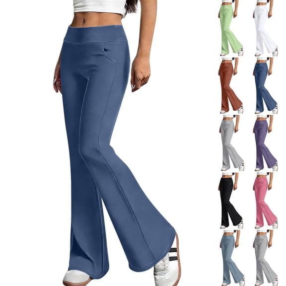 Womens Flared Yoga Pants with Pockets, No Front Seam High Waisted Flare Leggings Bell Bottom Bootcut Yoga Dress Pants Sky Blue XL