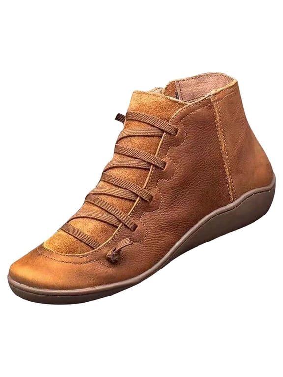 Womens Flat Boots Ladies Slip On Short Boots Lace-Up Ankle High Boots Side Zipper Casual Booties Classic Ankle Boots Extra Comfortable Shoes for Women