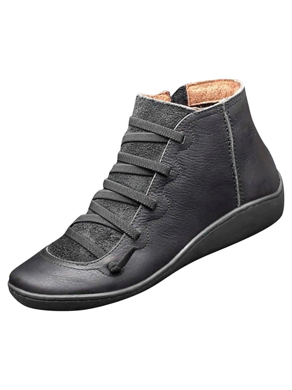 Womens Flat Boots Ladies Slip On Short Boots Lace-Up Ankle High Boots Side Zipper Casual Booties Classic Ankle Boots Extra Comfortable Shoes for Women