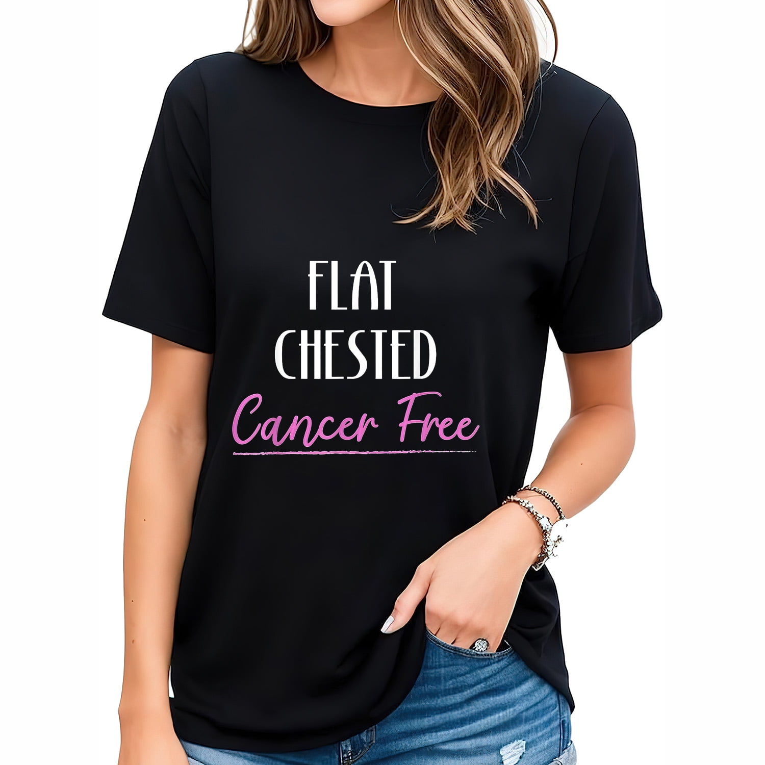 Womens Flat Chested Cancer Free Breast Cancer Survivor T Shirt Black  2X-Large 